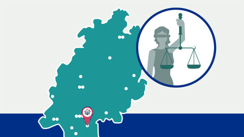 Grafik: Umriss des Landes Hessen mit Markierung der Lage der Justizvollzugsanstalt, daneben die Silhouette einer Justitia in einem Kreis.