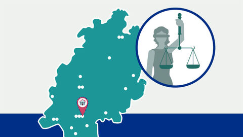 Justizvollzugsanstalt Frankfurt am Main IV Grafik: Umriss des Landes Hessen mit Markierung der Lage der Justizvollzugsanstalt, daneben die Silhouette einer Justitia in einem Kreis.