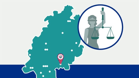 Jugendarresteinrichtung Gelnhausen Grafik: Umriss des Landes Hessen mit Markierung der Lage der Jugendarresteinrichtung, daneben die Silhouette einer Justitia in einem Kreis.