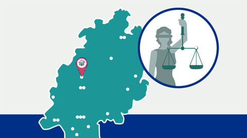 Grafik: Umriss des Landes Hessen mit Markierung der Lage der Justizvollzugsanstalt, daneben die Silhouette einer Justitia in einem Kreis.