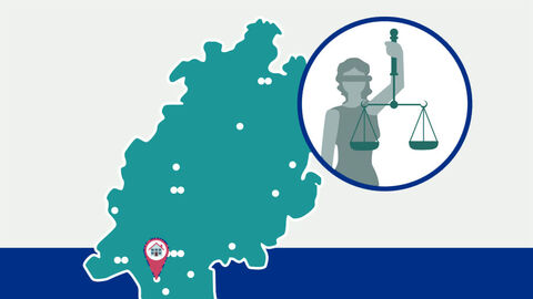 Justizvollzugsanstalt Weiterstadt Grafik: Umriss des Landes Hessen mit Markierung der Lage der Justizvollzugsanstalt, daneben die Silhouette einer Justitia in einem Kreis.