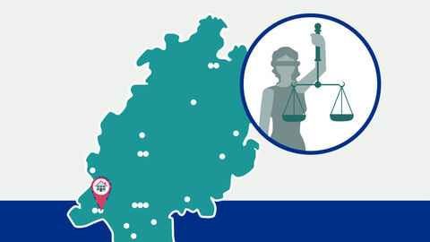 Justizvollzugsanstalt Wiesbaden Grafik: Umriss des Landes Hessen mit Markierung der Lage der Justizvollzugsanstalt, daneben die Silhouette einer Justitia in einem Kreis.