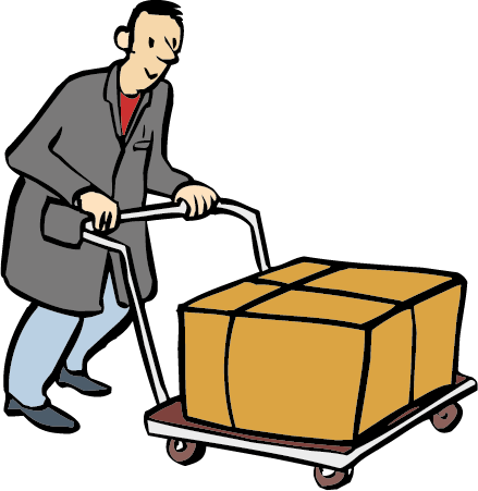 Ein Mann in Arbeits-Kleidung schiebt einen Roll-Wagen.